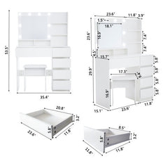 Vanity, Makeup Vanity Desk Set With Mirror  Light, Dressing Table Storage Lots With Power Strip, 3 Lighting Modes With Adjustable Brightness, 37 Inches White With Stool